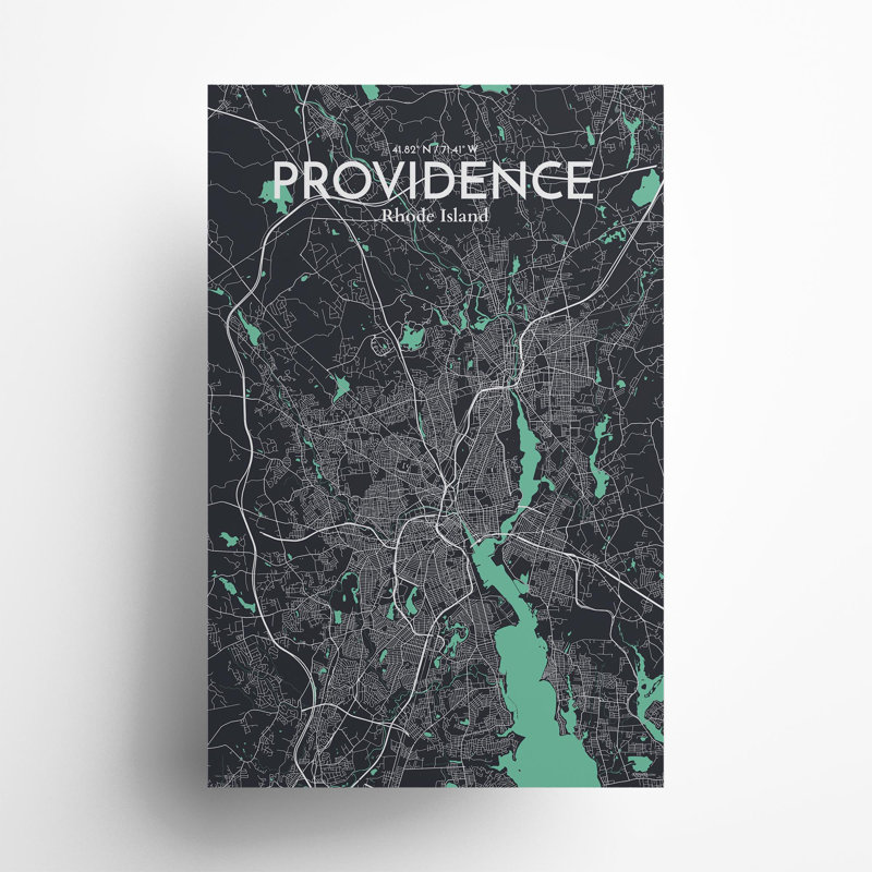 Providence, carte de la ville, impression, H 17 po x l 11 po, Vert / gris