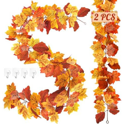 Fall Garland, 2 Pack 11.8 FT Fall Leaf Garland With 4 Hooks, Artificial Hanging Maple Fall Decorations For Home, Autumn Halloween Thanksgiving Decor For Outdoor Wedding Party Fireplace Mantle