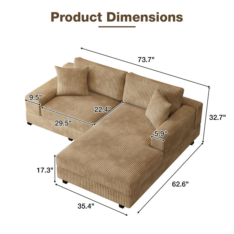 Aldora Corduroy L Shaped Modular Couch Reversible Chaise Upholstered Modular Sectional Sofa for Living Room, Khaki Corduroy