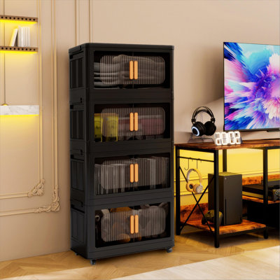 19.69" Side Wide Folding Storage Cabinet ,4 Tiers,19.69"×11.81"×40.55",Collapsible Storage Bins with Magnetic Door