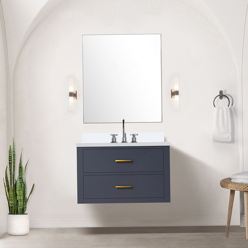 Meuble-lavabo simple 30 po X P 22 po P, comptoir en quartz et Miroir, Bleu, Doré