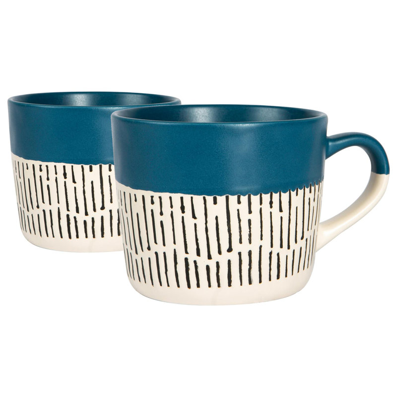 Nicola Spring - Dipped Dash Stoneware Coffee Mugs - 450ml, Blue