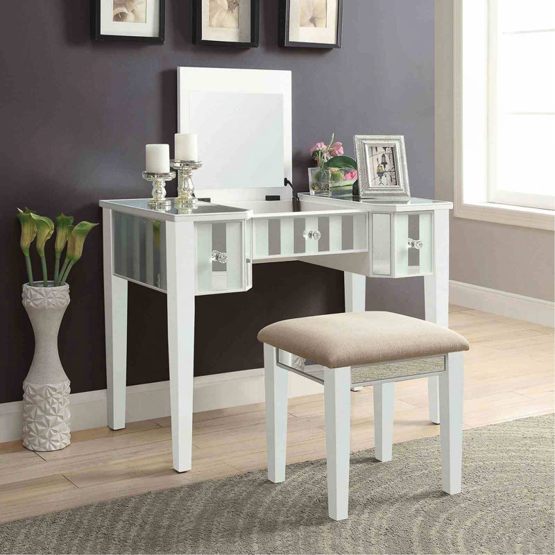 Ensemble de meuble-lavabo de style transitionnel 1 pièce avec tabourets rembourrés, Blanc