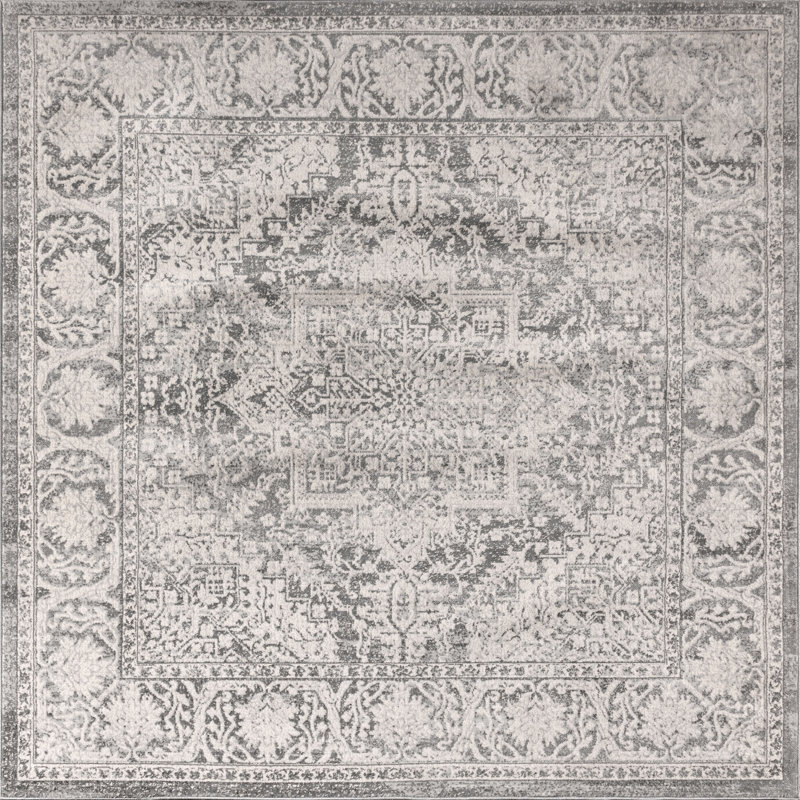 Tapis moderne gris clair avec médaillon perse rétro Blane, Carré 3 pi