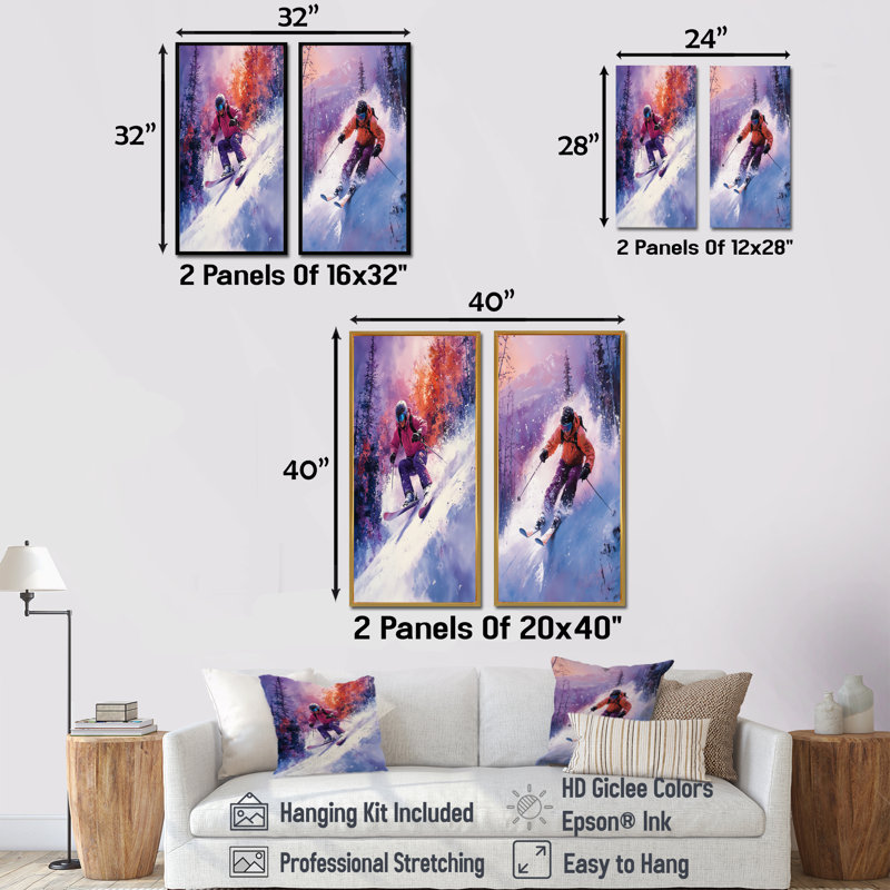 Ensemble de 2 pièces d'art mauve «Slopestyle», H 32 po x l 32 po, Encadrement argenté