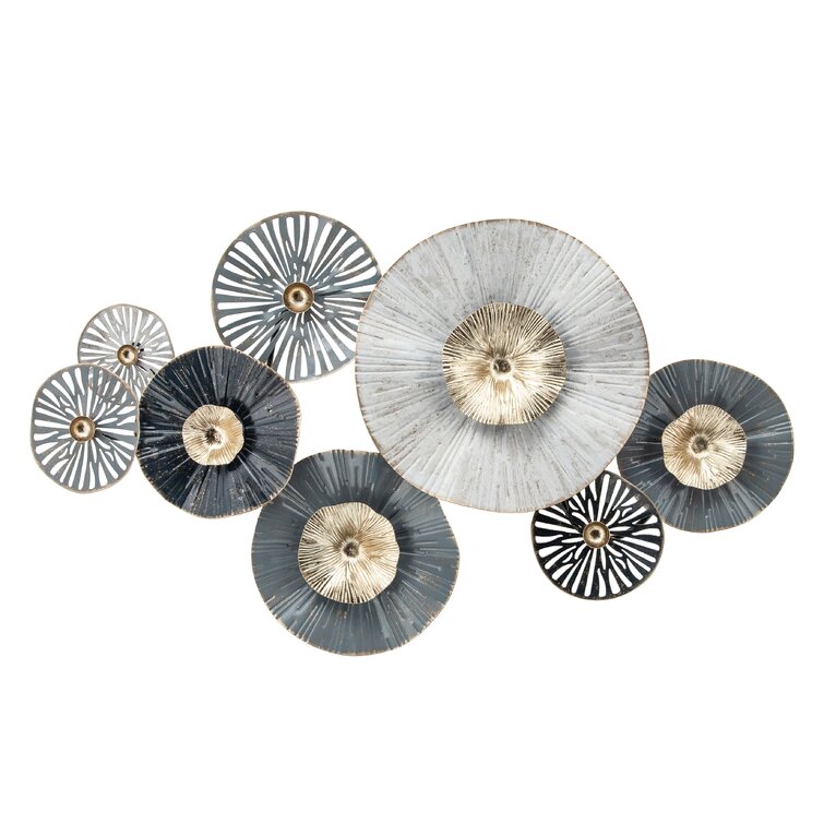 35" Metal Wall Decor - Shades of Gray 2-D Lily Pads - Contemporary Rustic Decorative Hanging Wall Art For Home, Office, Bedroom, Bathroom Decor