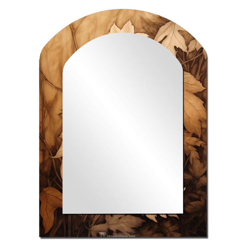 «Brown Beige Leafs» Harmony III - miroir mural unique de forme irrégulière florale, miroir asymétrique traditionnel, impression d'art en métal