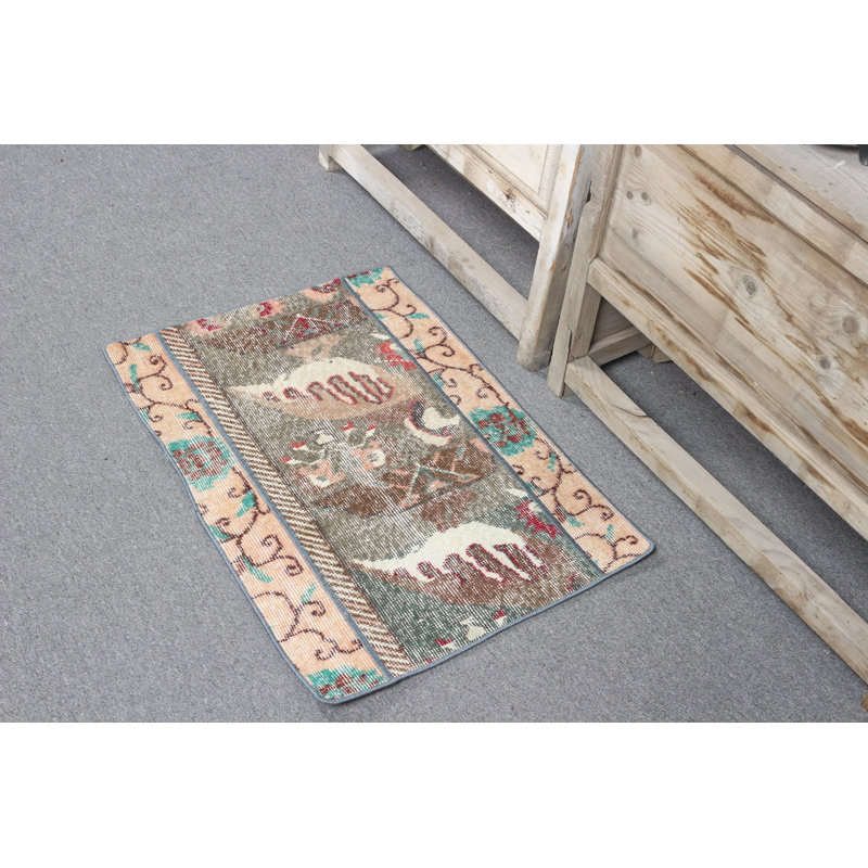 Vintage Turkish Rug With Unique Beige And Blue Bird Pattern Makes A Small Accent Door Mat For A Stylish Home Entrance