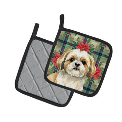 Paire de porte-casseroles dorés et blancs Shih Tzu