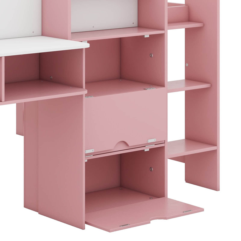 Lit mezzanine double avec bureau intégré, compartiments de rangement, tablettes ouvertes et tableau blanc Creative Idea, Rose