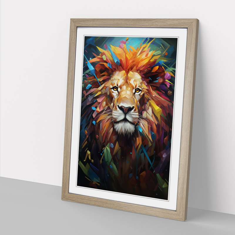 XYZ-FRM-V1223-4270 Lion Hard Edge No.2 - Single Picture Frame Print on Wood, 64cm H x 46cm W x 2cm D, Oak