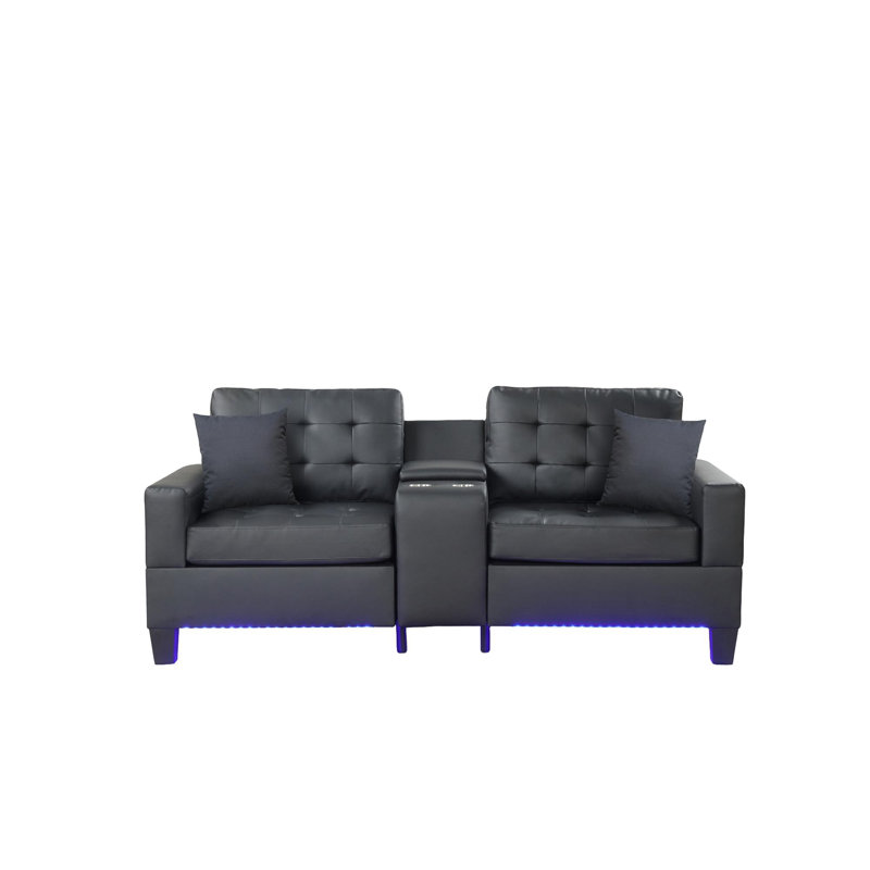 Canapé en tissu de PVC avec lumières DEL, chargeur USB, console de rangement, porte-gobelets
