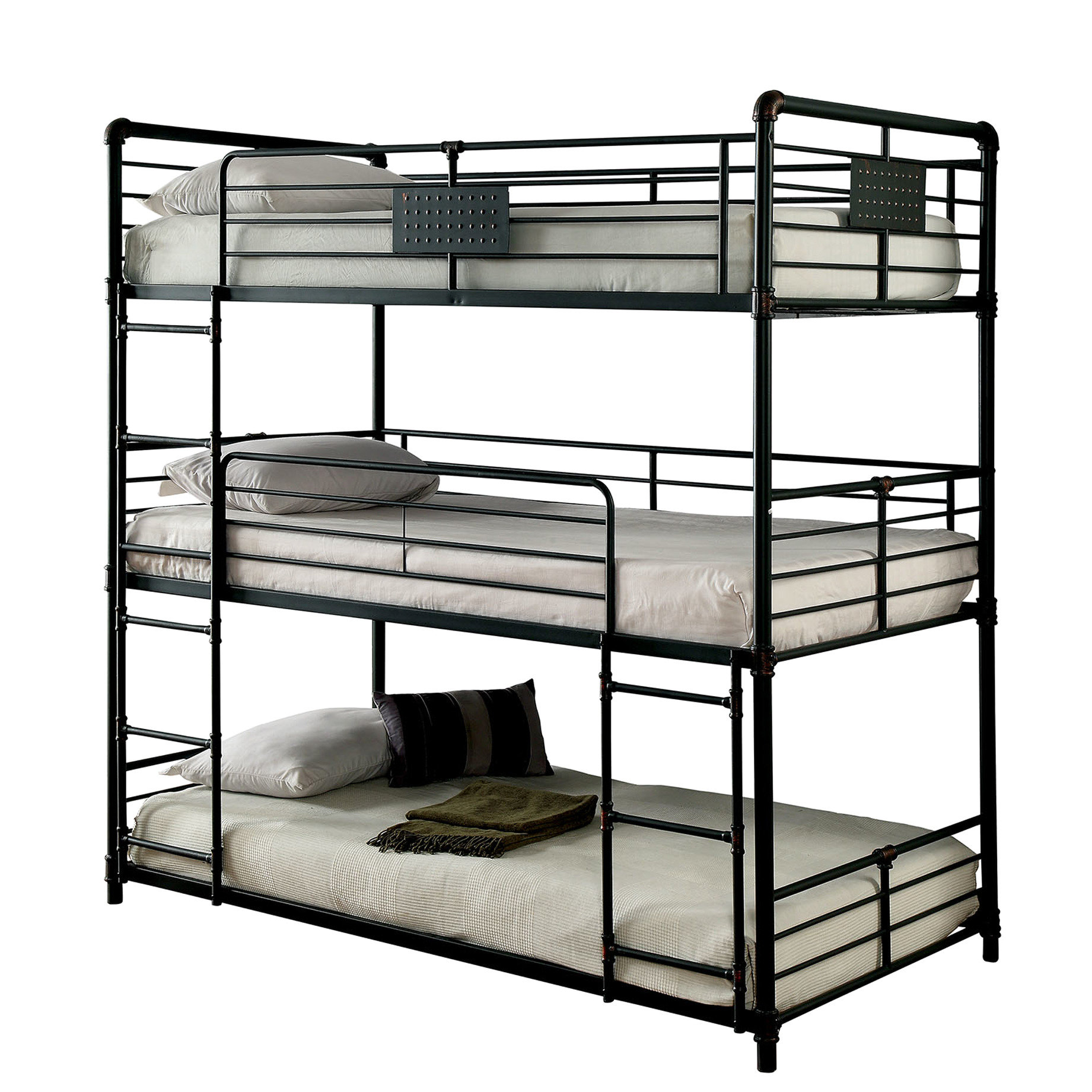Upper Rails Locationone 17 Stories 3-tiered Metal Twin Over Bunk Bed With Industrial Style ...