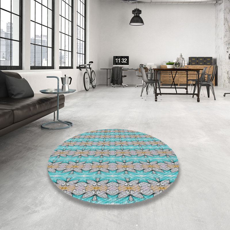 Tapis géométrique bleu / beige Emelie, Rond 7 pi