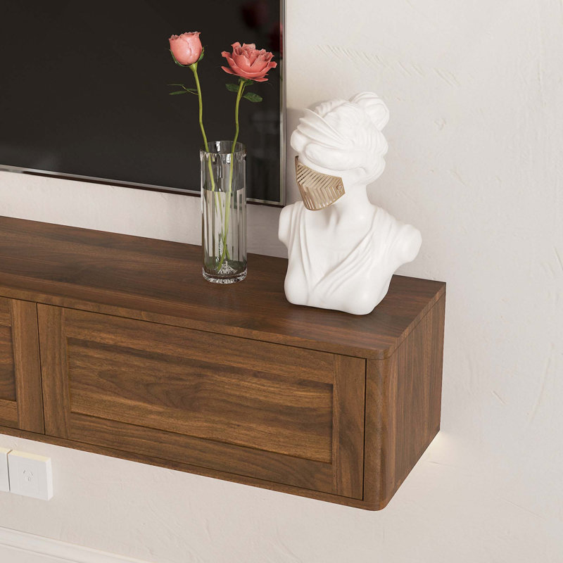 Meuble télé flottant ultrabrillant avec lumières DEL et prise de courant pour le salon, Brown