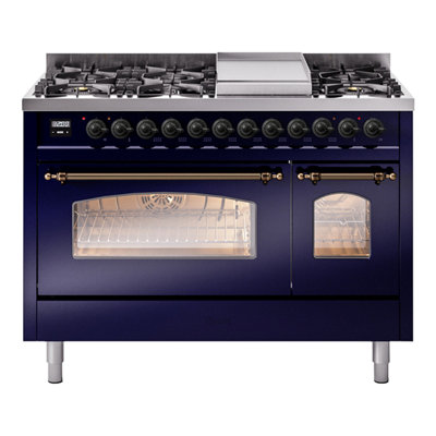 ILVE Nostalgie II Series 48 inch Dual Fuel Range with 8 Sealed Burners, Griddle (Glass Door)