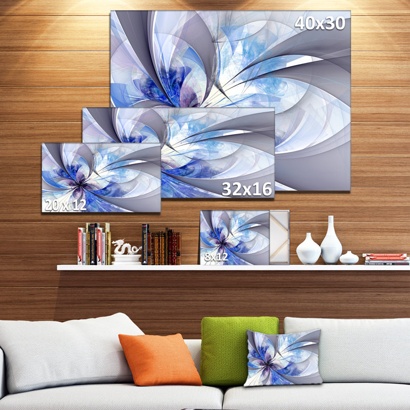 Impression sur toile tendue, grande fleur symétrique en forme de fleur de bleu, H 16 po x l 32 po x P 1 po