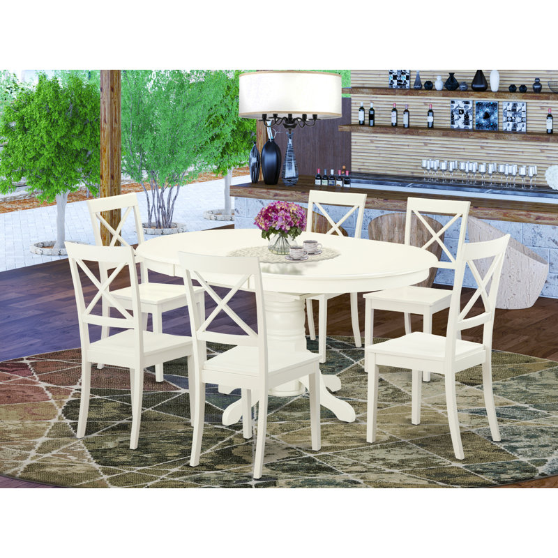Ensemble de table de salle à manger 7 pièces composé d'une table de salle à manger ovale avec rallonge papillon et de 6 chaises de salle à manger en similicuir, blanc lin