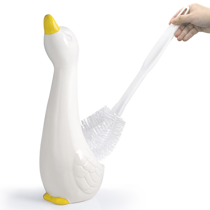 Whimsical White and Yellow Ceramic Duck Toilet Brush Holder