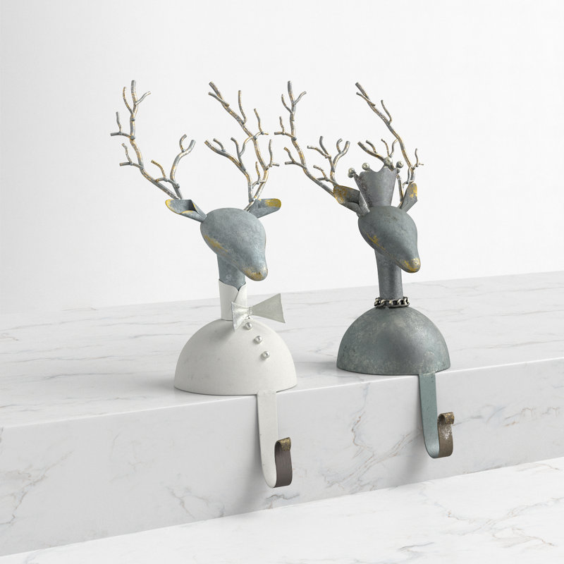  Metal Deer Stocking Holders Gray White-Washed- 14 inch Holiday Décor