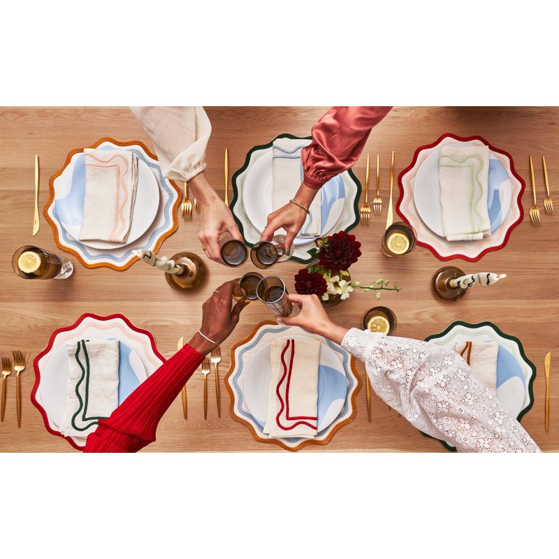 Colorblock Embroidered Linen Placemats, Blue/Orange