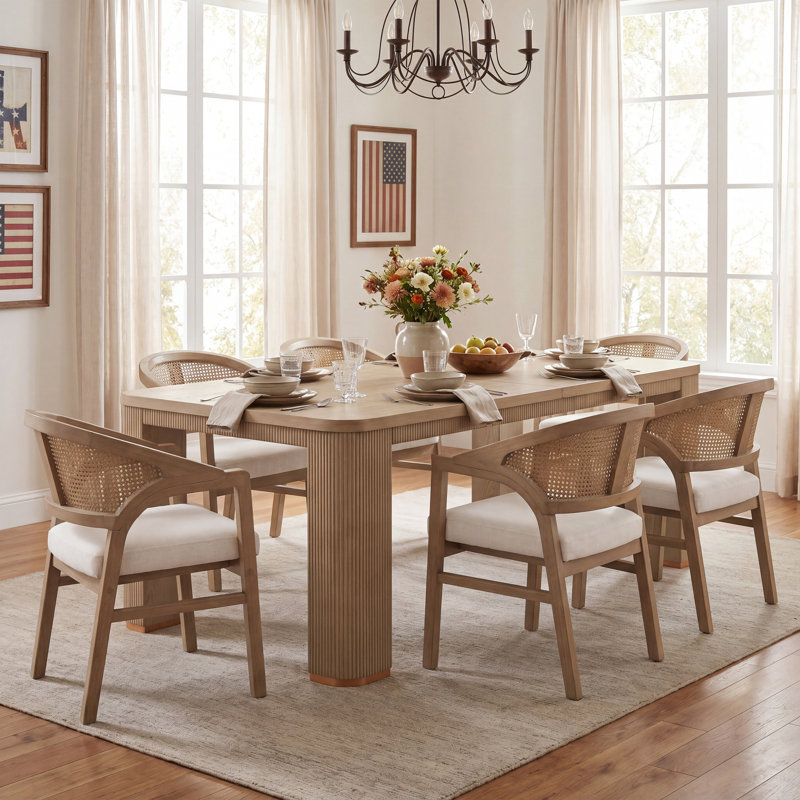 Ensemble de table de salle à manger 6 personnes en bois Stanley avec chaises rembourrées et dossier en rotin, Light Ash