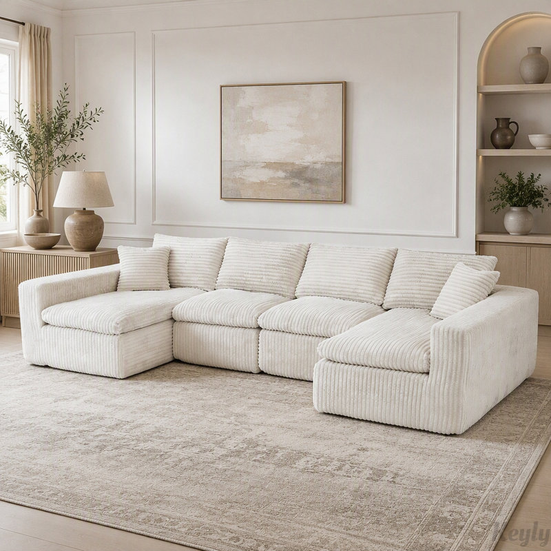 Canapé modulaire modulaire avec mousse à mémoire de forme, Velours côtelé beige et blanc