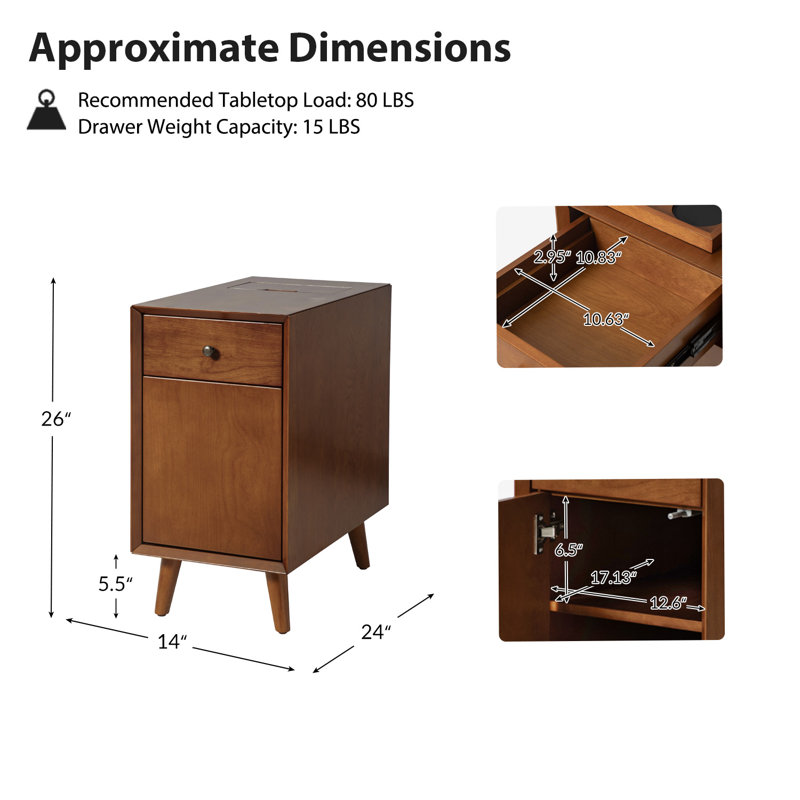 Quintavion 14"W Mid-Century Modern End Table With Storage And Built-In Outlets, Acorn