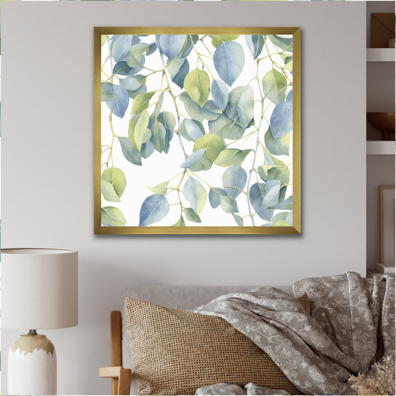 «White Green Minimalisme Eucalyptus Essence II», reproduction sur toile, Encadrement doré, H 16 po x l 16 po x P 1 po