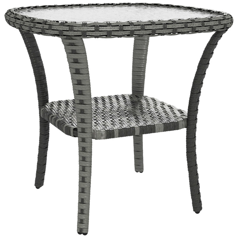Jessamine 19.7" W Round PE Rattan Wrapped Outdoor Side Table with Glass Top, Mixed Gray