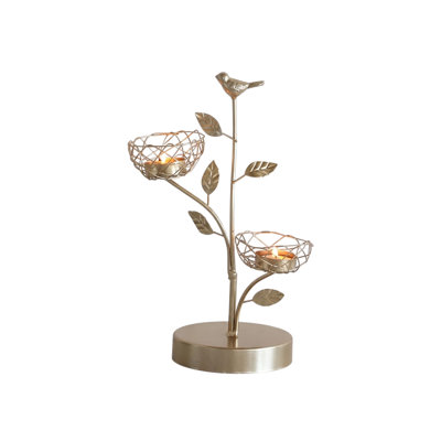 Bougie d'oiseau en métal doré, arbre à bougies chauffe-plat à 2 niveaux avec base ronde, décoration de table