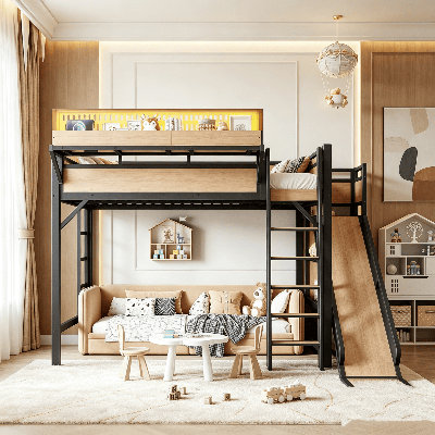 Lit mezzanine en métal, lit mezzanine avec glissade, tablettes de rangement et garde-robe intégrée, cadre de lit mezzanine en métal avec ports USB et lumières DEL, cadre de lit mezzanine haute, cadre de lit mezzanine multi-rangement pour enfants avec échelle pour salle de jeux
