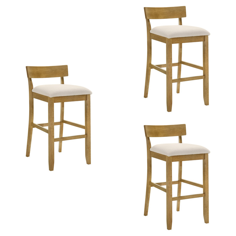 Merie Modern Transitional Wood Bar Height Kitchen Bar Stool In Amber Glow Finish With White Boucle Fabric Upholstered Seat - Set Of 3