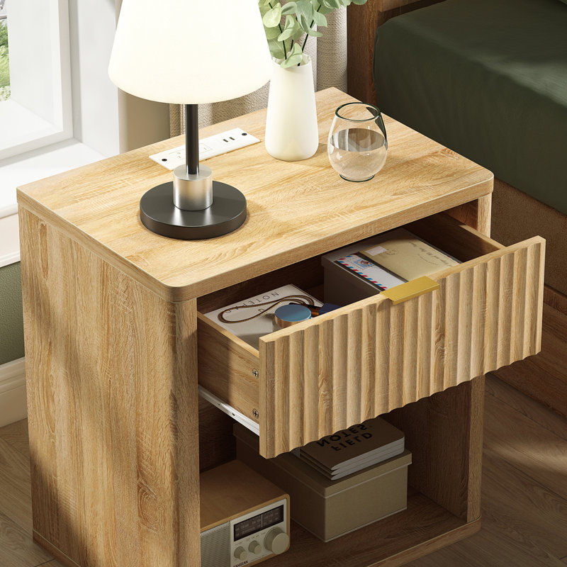 Night Stand Set Of 2, Nightstands With Drawer Storage Fluted, Bedside Table With Power Outlet, Wood Wide Bedside Stand With Lights For Bedroom Living Room Sofa Office