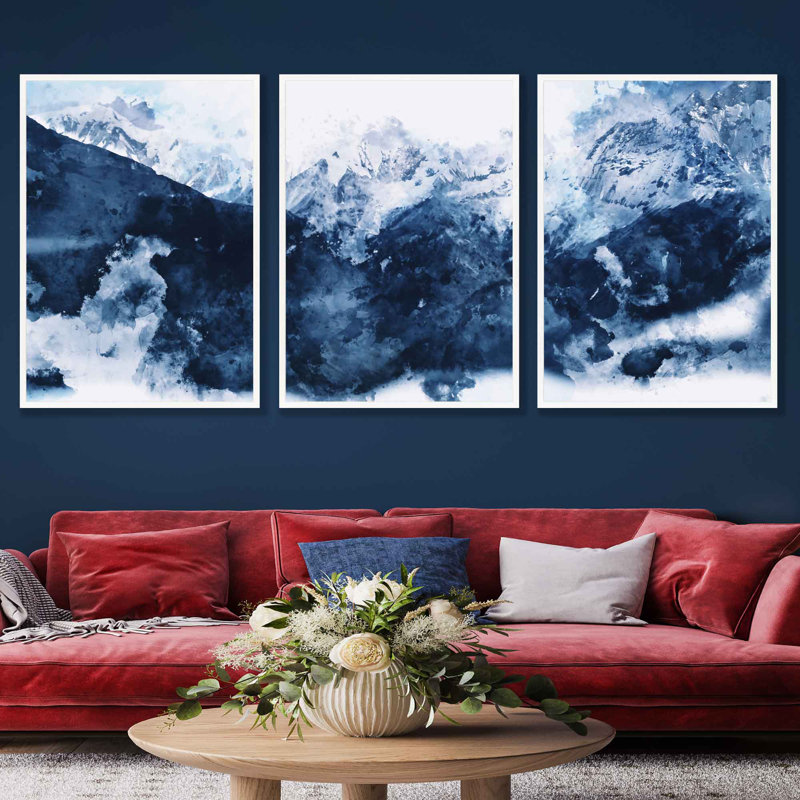 Mont Blanc In Blue - 3 Piece Single Picture Frame Print, White Closed Corner Frame Wood, 53cm H x 43cm W