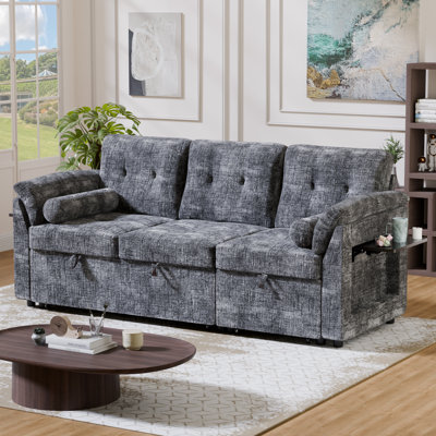 80.31" Modern Pull-Out Sofa Bed with Fold-Down Backrest, Built-In Side Table, Convertible Sleeper Couch with Tufted Cushions