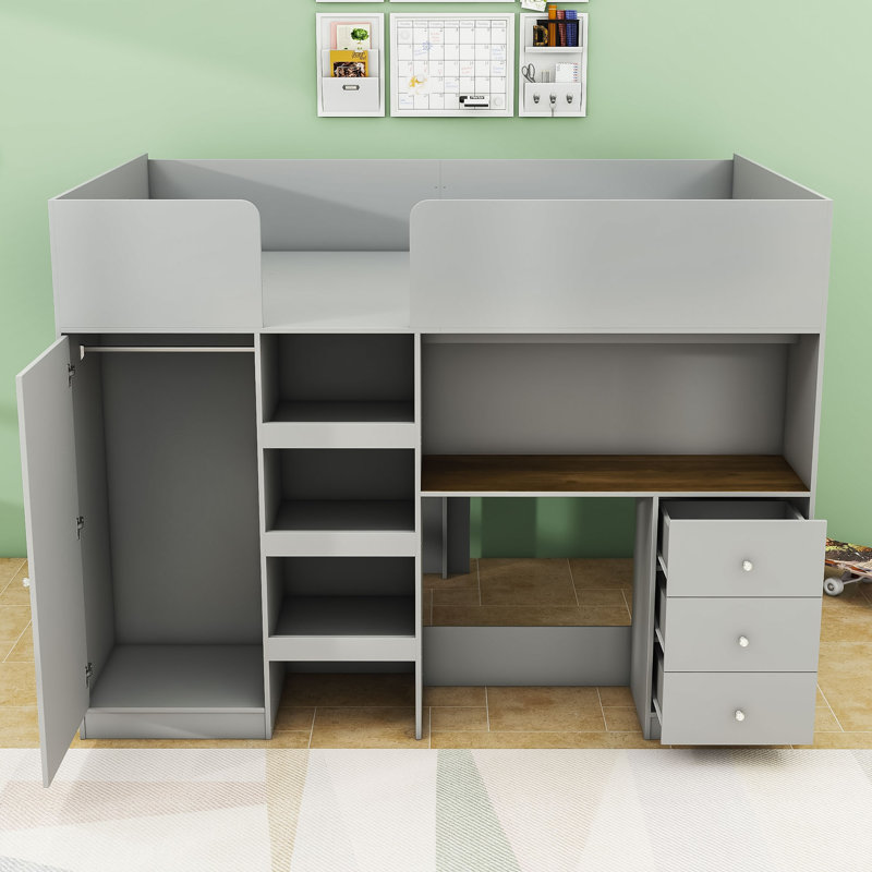 Lit mezzanine double en bois avec garde-robe, bureau, tablettes et tiroirs