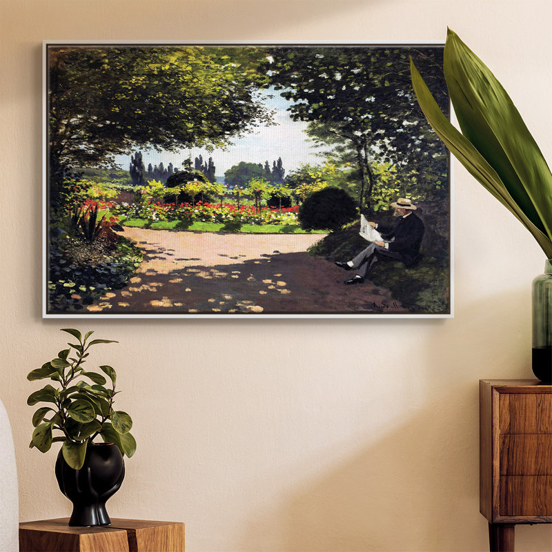 Adolphe Monet, lecture dans le jardin, 1866, reproduction d'art encadrée sur toile par Claude Monet, Blanc