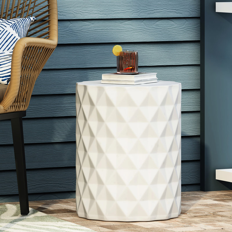 Lightweight Concrete Table, Geometric Pattern For Home, Construction, No Assembly, 15.04"W X 15.04"D 18.8"H Modern Side Touch, And Functional, Assembly Required, 18.8 In High, White Finish