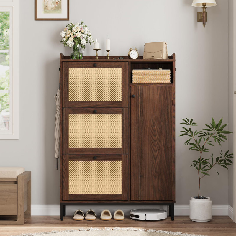 4-Tier Shoe Cabinet with 3 Flip Drawers, Rattan Doors & Adjustable Shelf, Freestanding Entryway Hallway Shoe Organizer, Brown