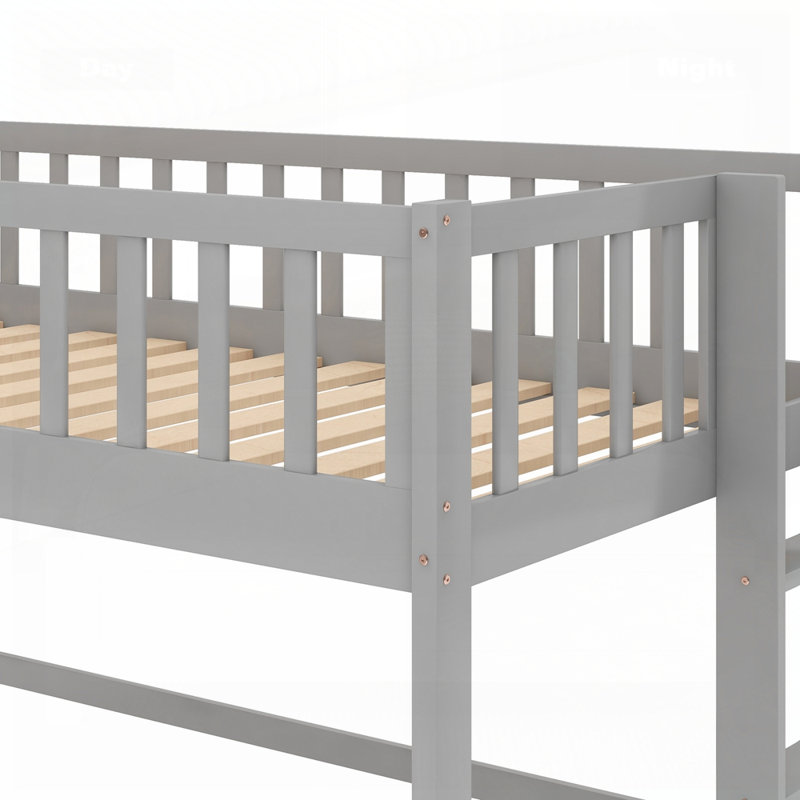 Low Loft Bed With Ladder And Slide, Gray, Twin
