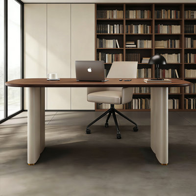 Italian Minimalist Oval Brown Office Desk, Light Luxury Home Desk with Saddle Leather Legs