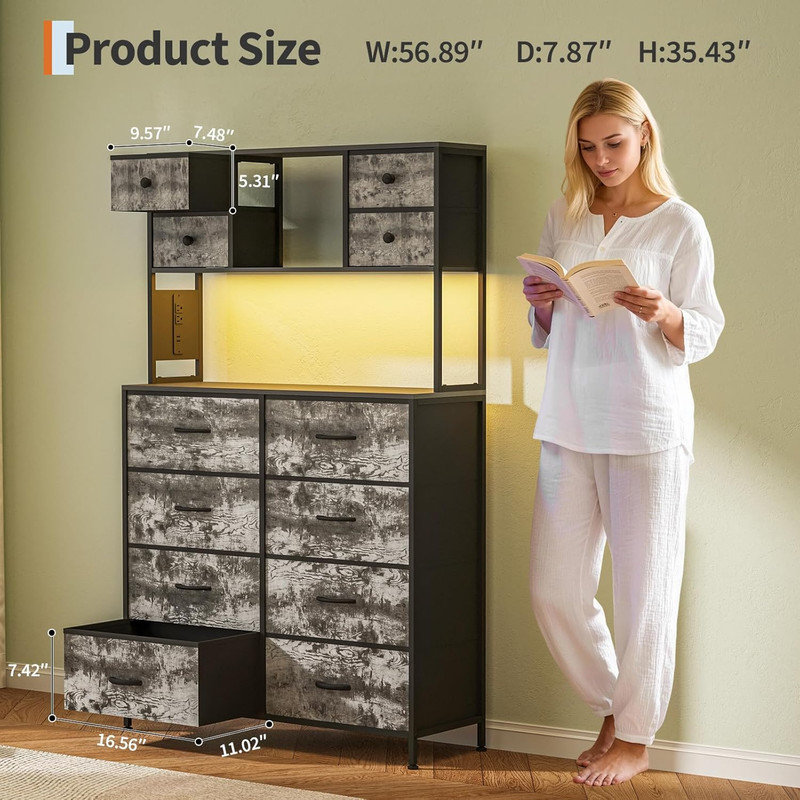 12-Drawer LED Dresser with Charging Station, Fabric & Wood Top Storage for Bedroom & Living Room, Gray