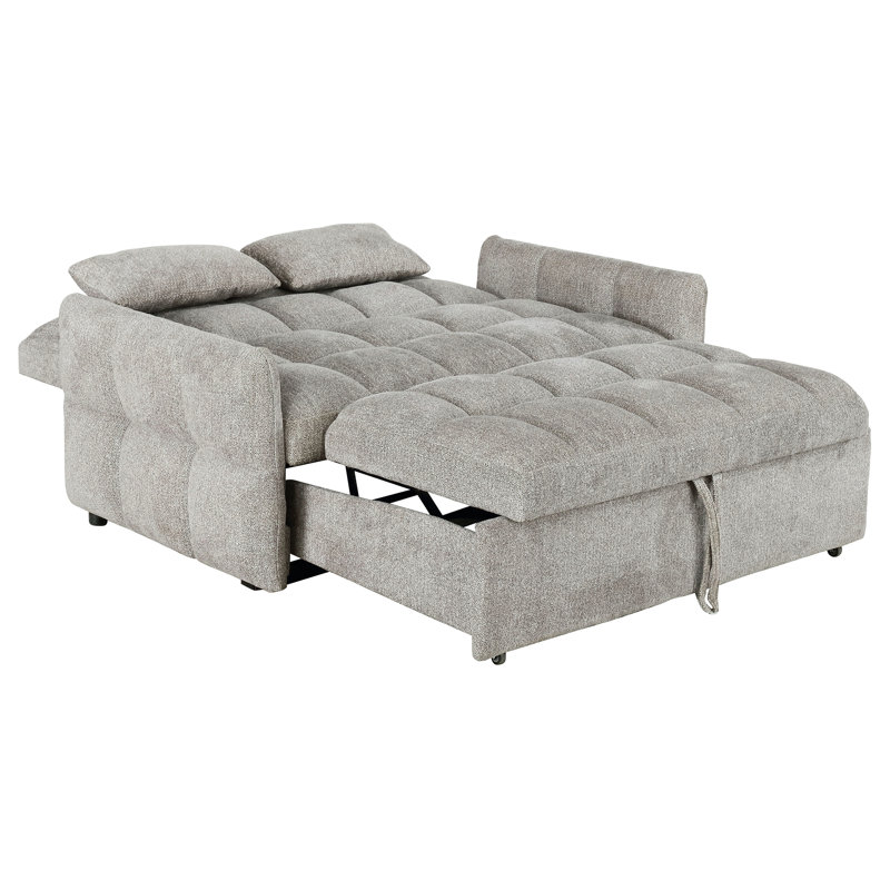 Lit gigogne escamotable gris revêtu de chenille, avec dossier rabattable et mousse à mémoire de forme pour plus de confort