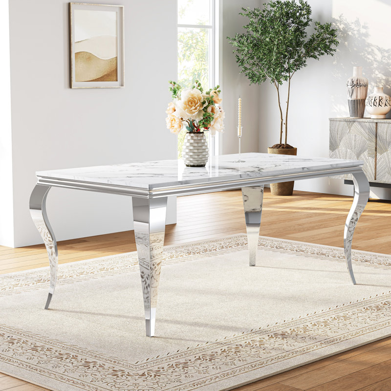 Faux Marble Top Metal Base Dining Table Set, 7 Pieces: Table, 6 Chairs, Black/Silver, Silver