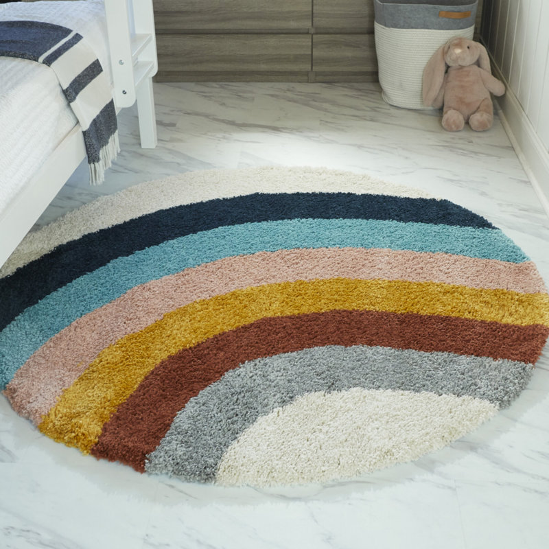 Olanda Rainbow Shag Area Rug, Round 5'3", Cream Rainbow