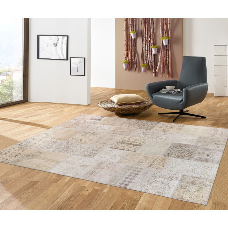 Tapis unique en laine noué à la main beige / gris clair de 5 pi 7 po x 7 pi 10 po