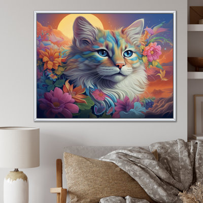 Reproduction sur toile d'un chat psychédélique arc-en-ciel avec des fleurs de pleine lune