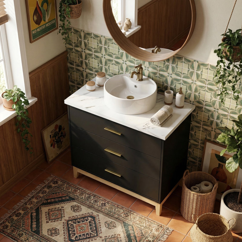 Meuble-lavabo noir avec 3 tiroirs et comptoir intégré