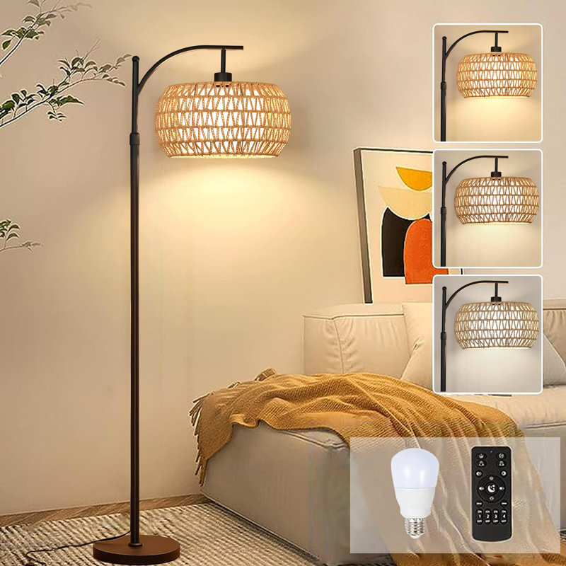 Rattan Boho Floor Lamp With Remote, Dimmable LED 3-Color Temp & Rotating Dual Shade